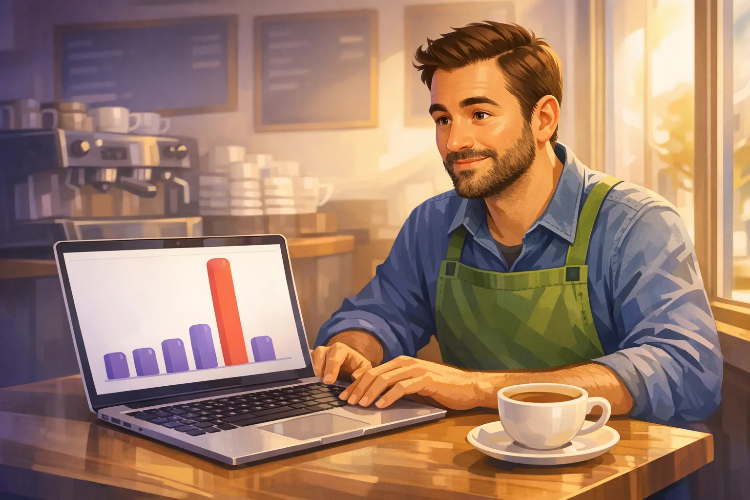 Cafe owner at a sunny window table studying a laptop bar chart where one complaint theme towers over the others