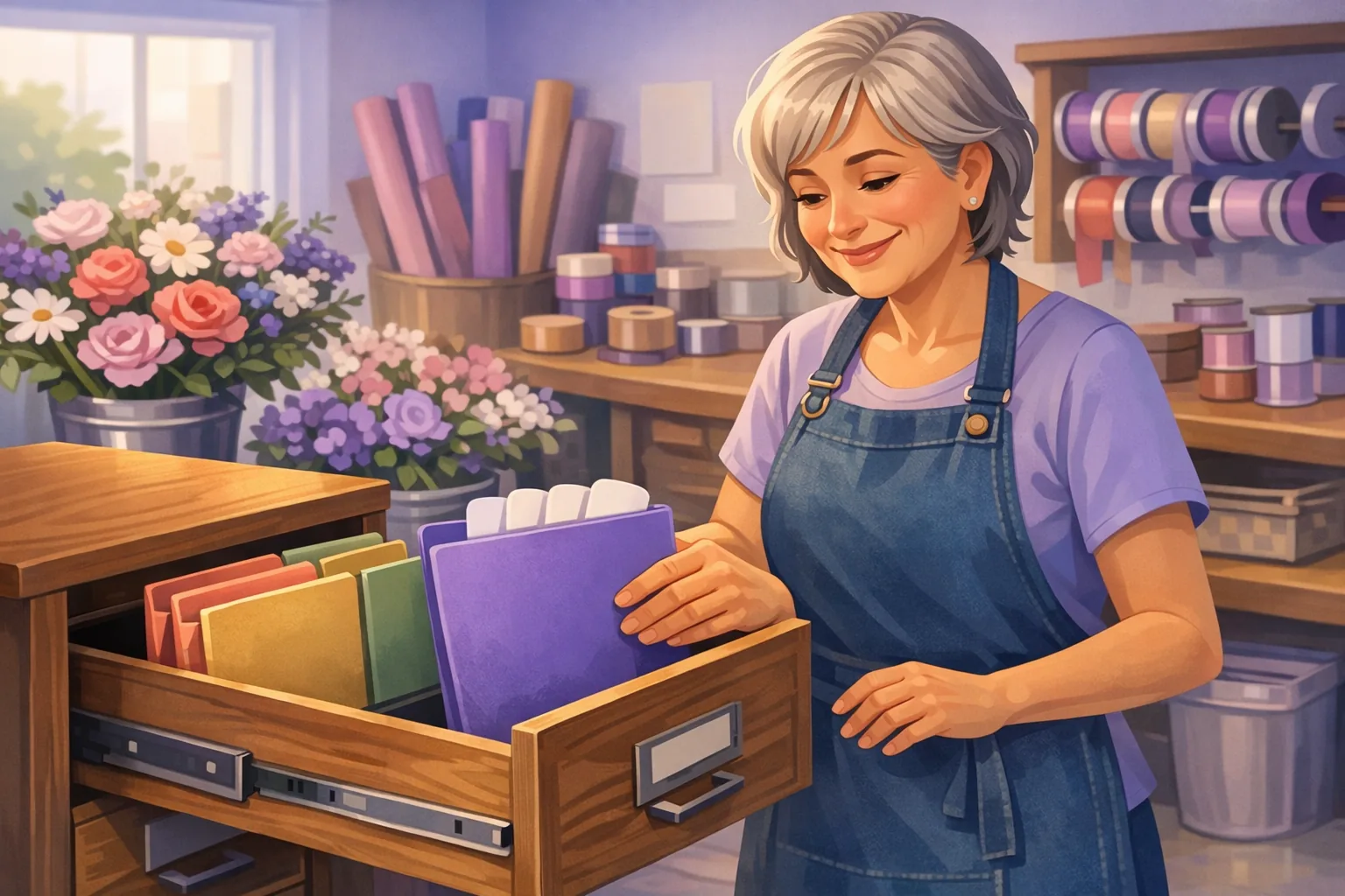Florist in her shop's back room sliding a folder of exported review cards into a filing drawer beside earlier ones