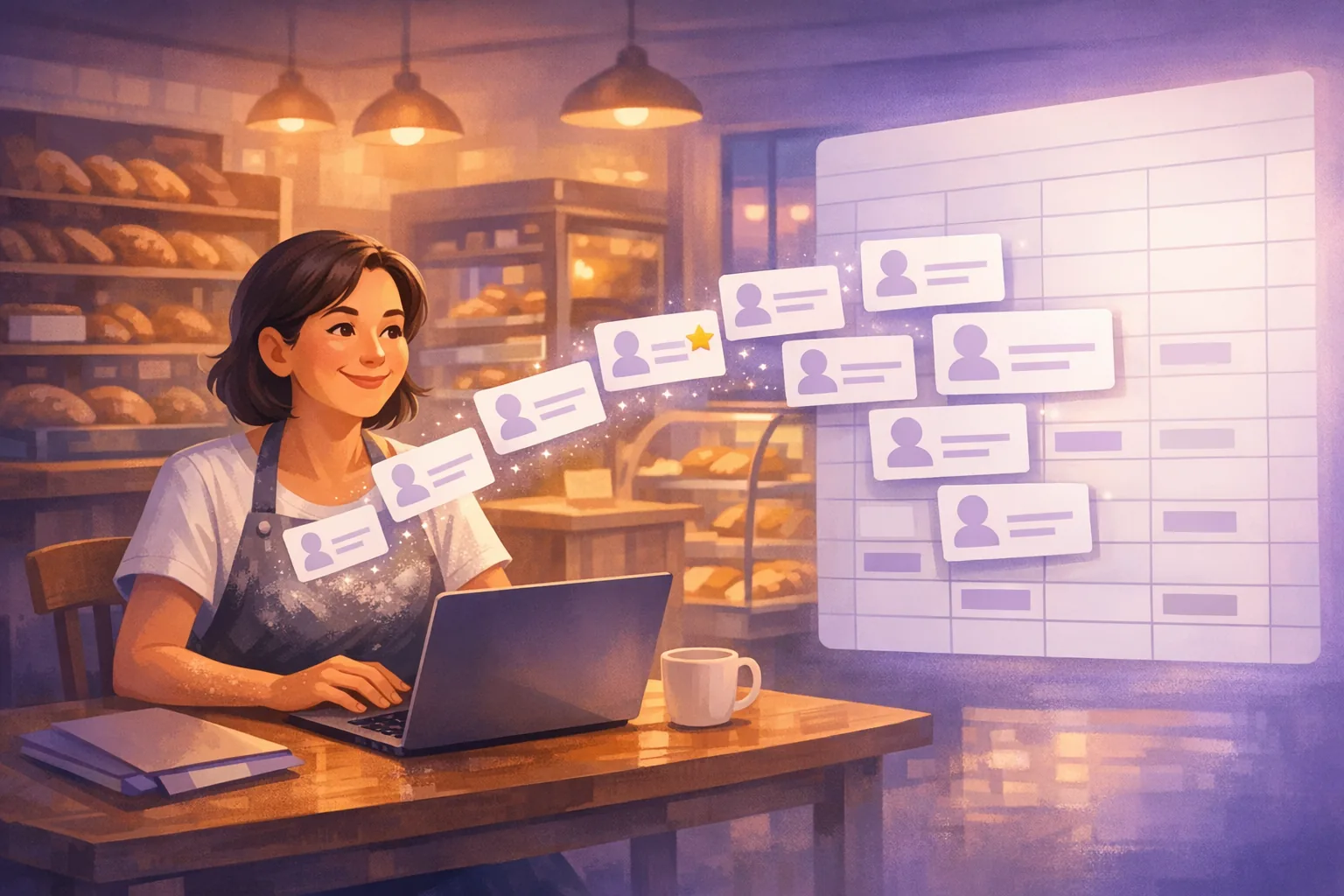 Bakery owner at her laptop watching review cards flow from her shop's profile into the rows of a spreadsheet
