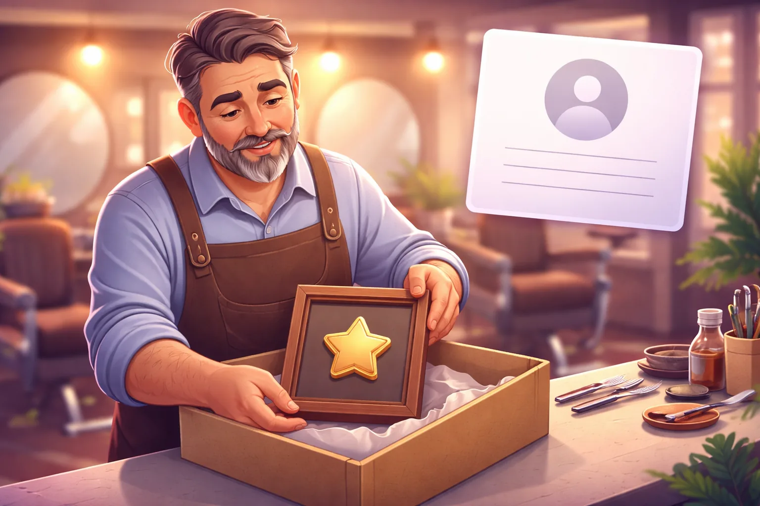 Barbershop owner retiring an old framed gold star into a keepsake box while a new recommendation card glows behind him