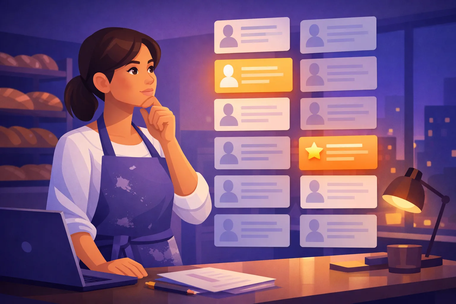 Bakery owner studying a tally board where bright public recommendation cards outshine faded private ones