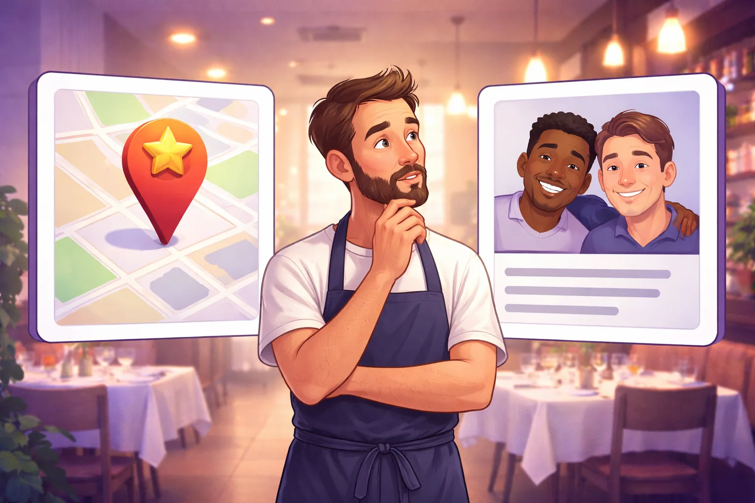 Restaurant owner comparing a Google-style map panel with a single gold star against a Facebook-style feed card with friendly faces