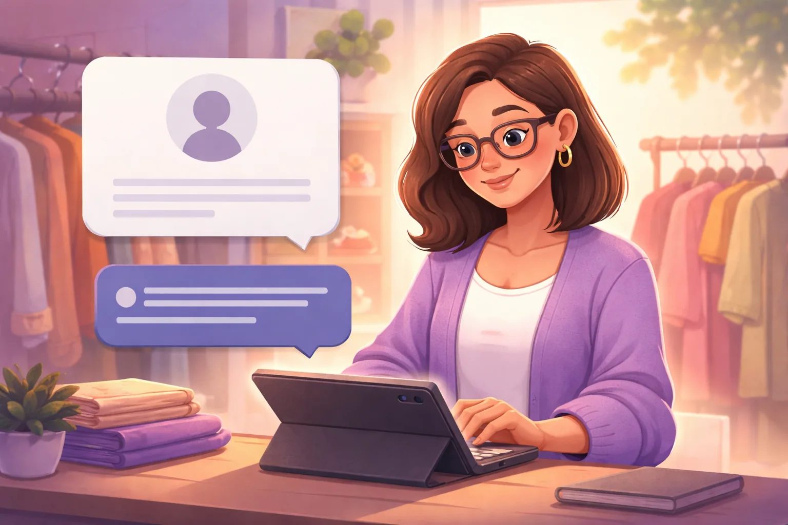 Boutique owner at her counter typing a warm reply on a tablet beneath a floating recommendation card
