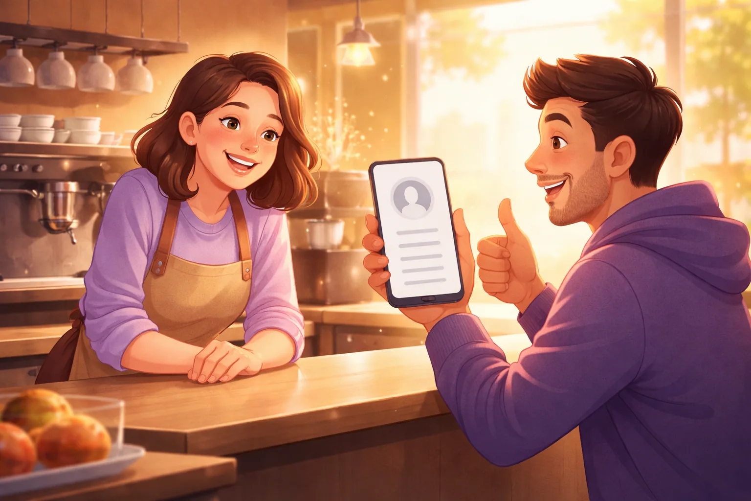 Cafe owner smiling as a customer gives a thumbs-up across the counter, illustrating Facebook's no-star recommendation system
