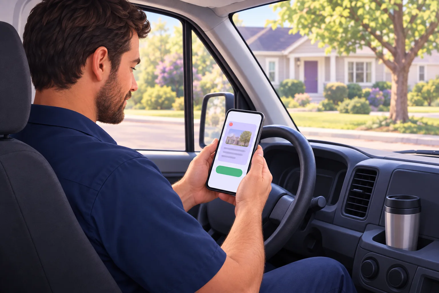 Plumber in his van writing a Google post on his phone, seen over his shoulder, the screen showing a post panel with a green button