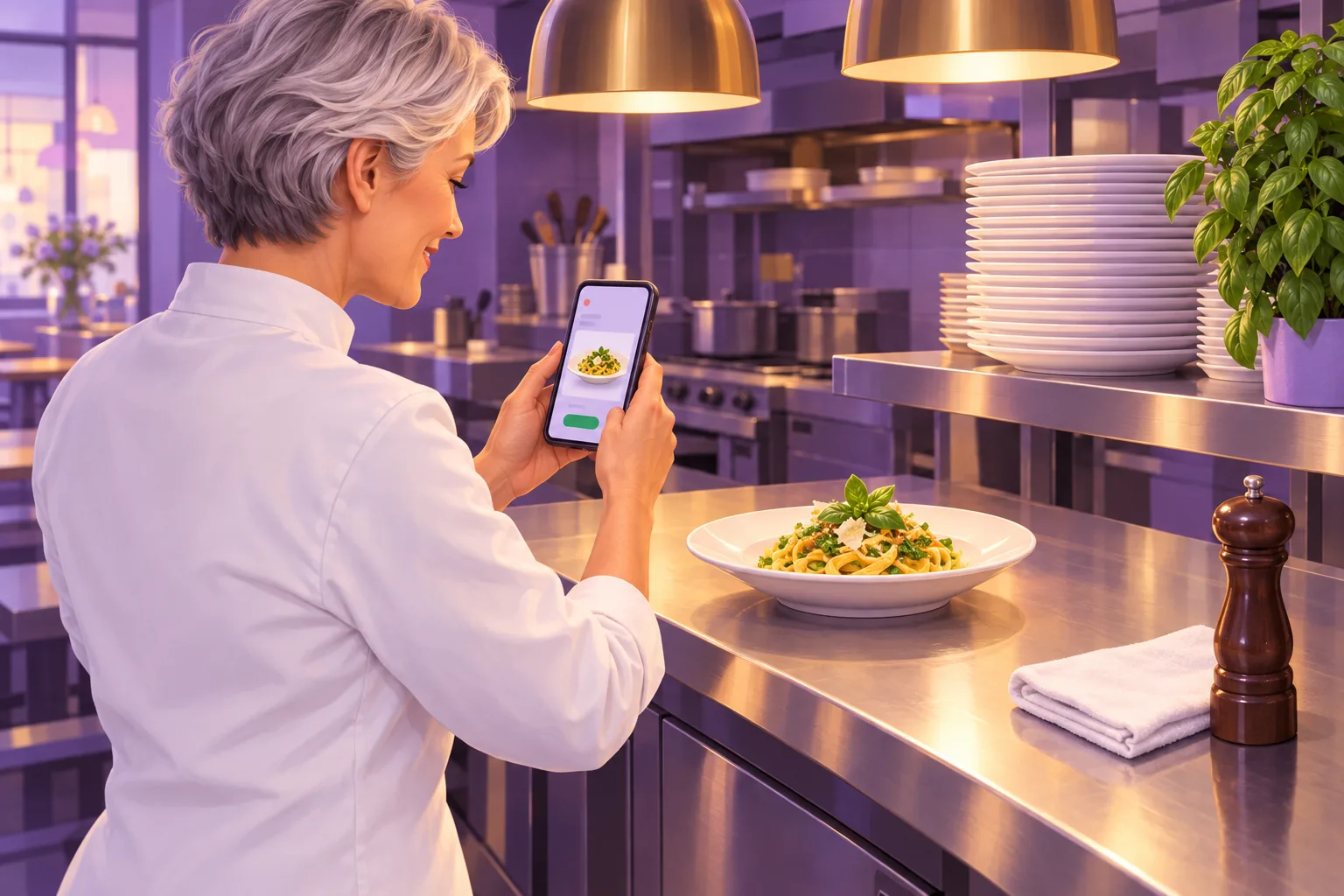 Restaurant owner photographing a plated dish with her phone, seen over her shoulder, the phone screen showing the same dish