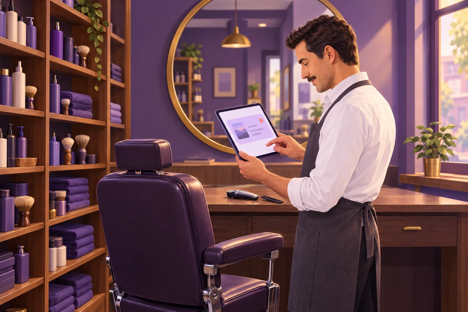 Barber at his station editing a Google post on a tablet, seen from the side, a small coral marker on the screen beside the post card