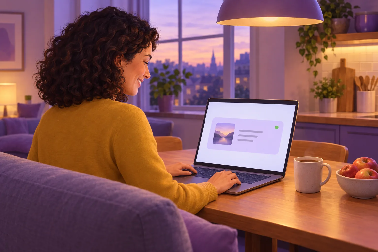Cafe owner at her kitchen table in the evening, relieved, laptop seen over her shoulder with a post card and a small green marker