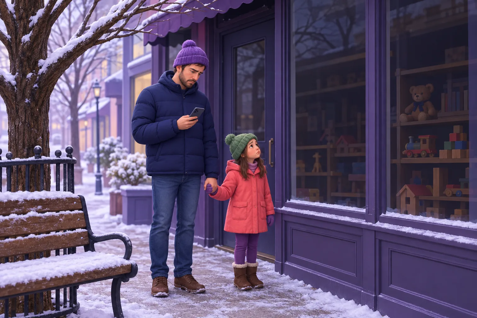 Father and young daughter in winter coats standing at the dark door of a closed toy shop on a holiday morning