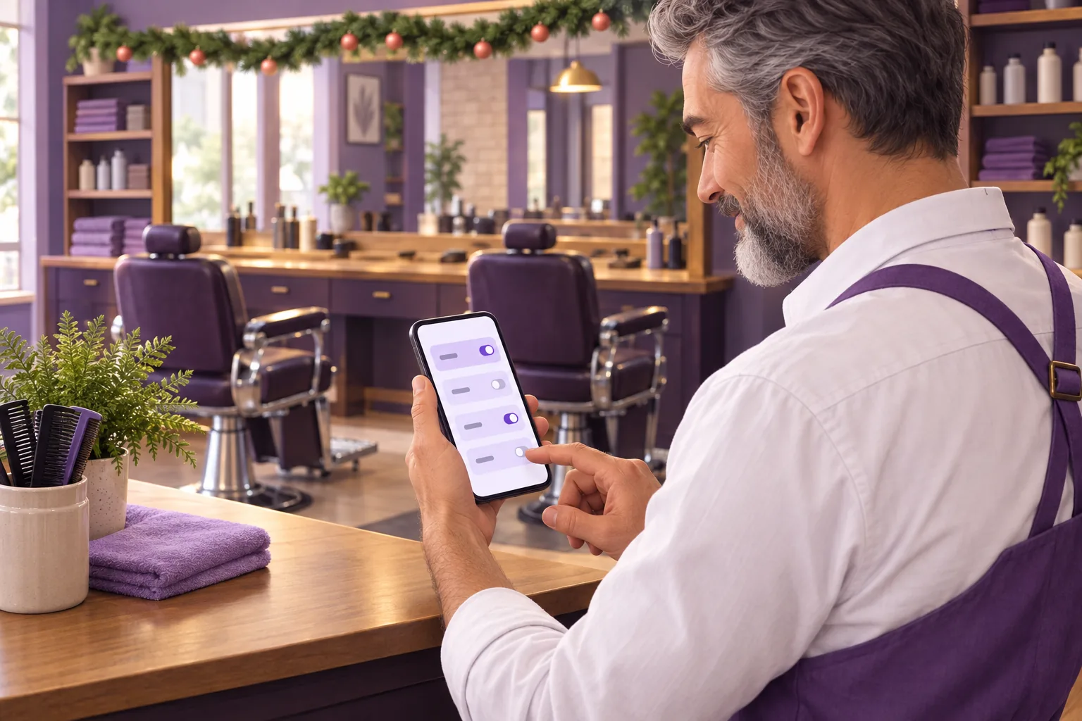 Barber in his shop holding his phone, calmly setting his holiday schedule between customers