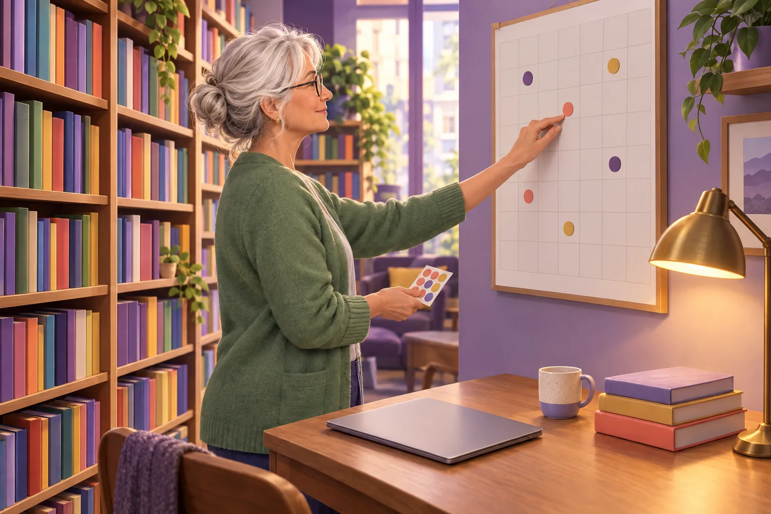 Bookstore owner placing a sticker on a wall calendar as she plans her holiday season schedule
