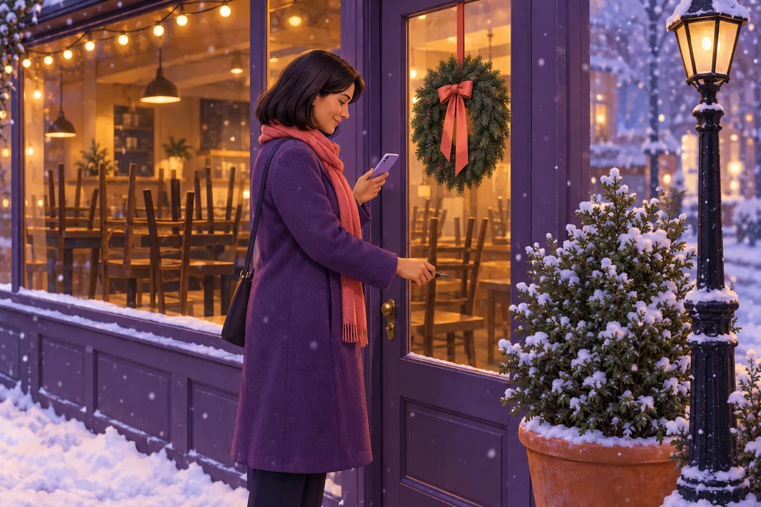 Cafe owner locking up on a snowy evening, smiling at her phone, with a wreath and string lights on the shop door