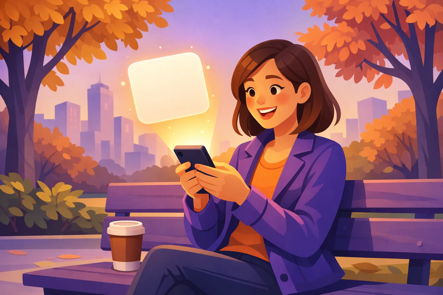 Customer on a park bench looking at her phone as a glowing deal card rises from the screen
