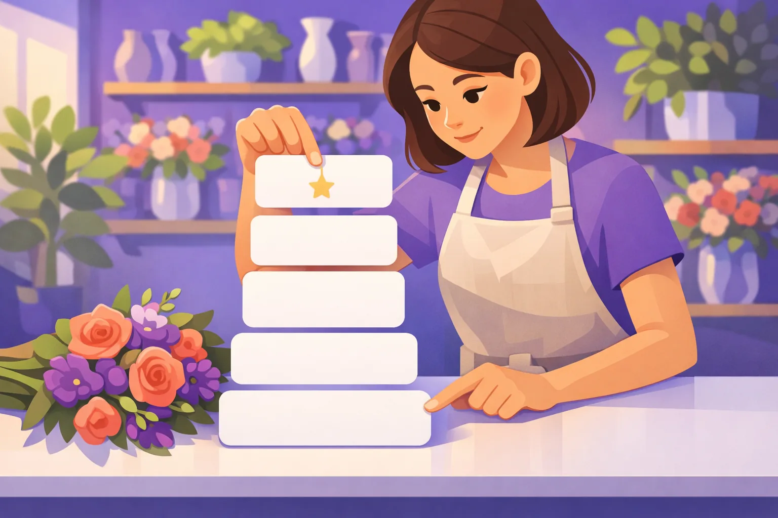 Florist at her worktable arranging blank rounded cards into a tidy post layout beside a bouquet