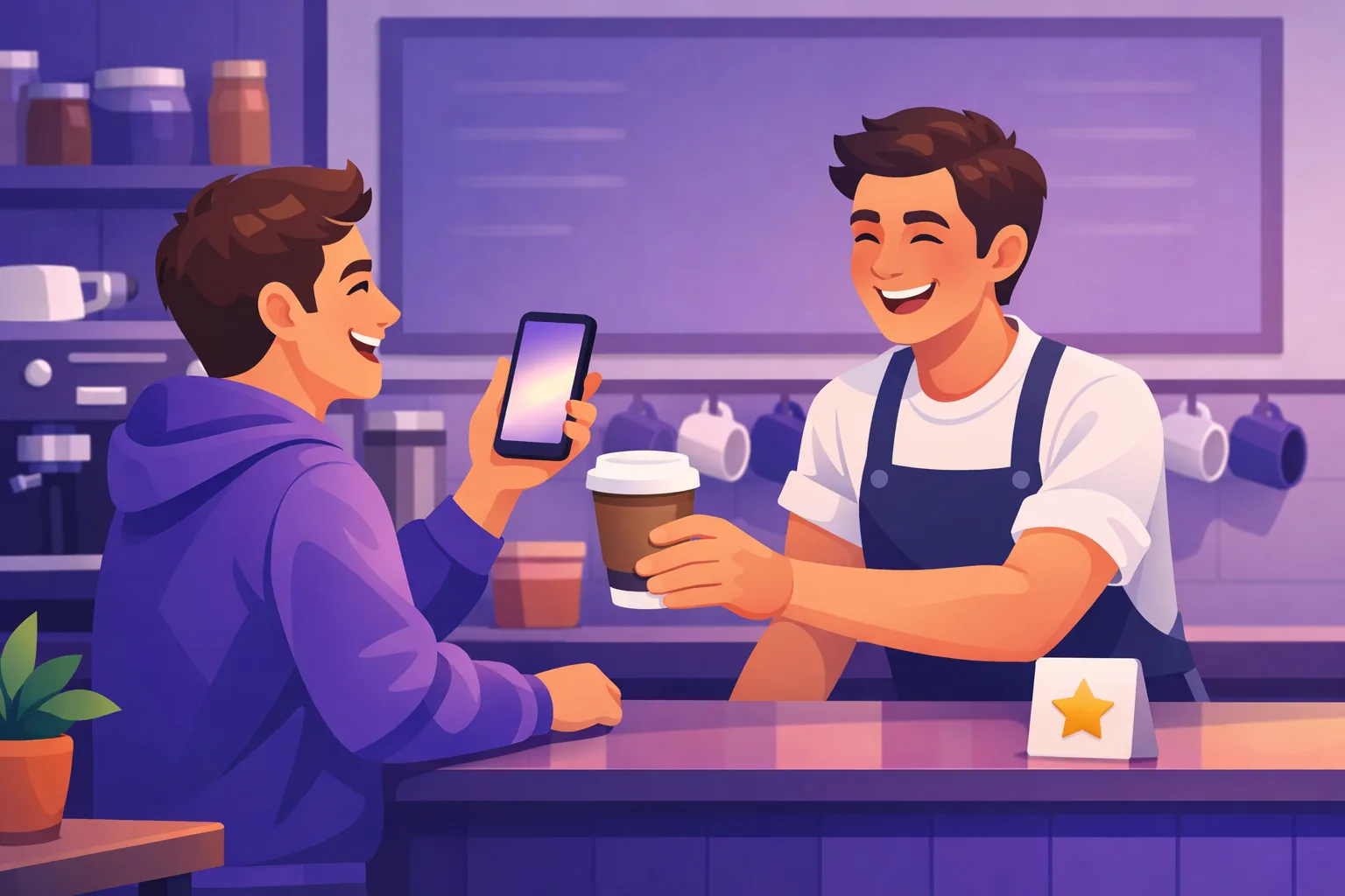 Smiling barista handing a coffee across the counter to a customer holding up his phone