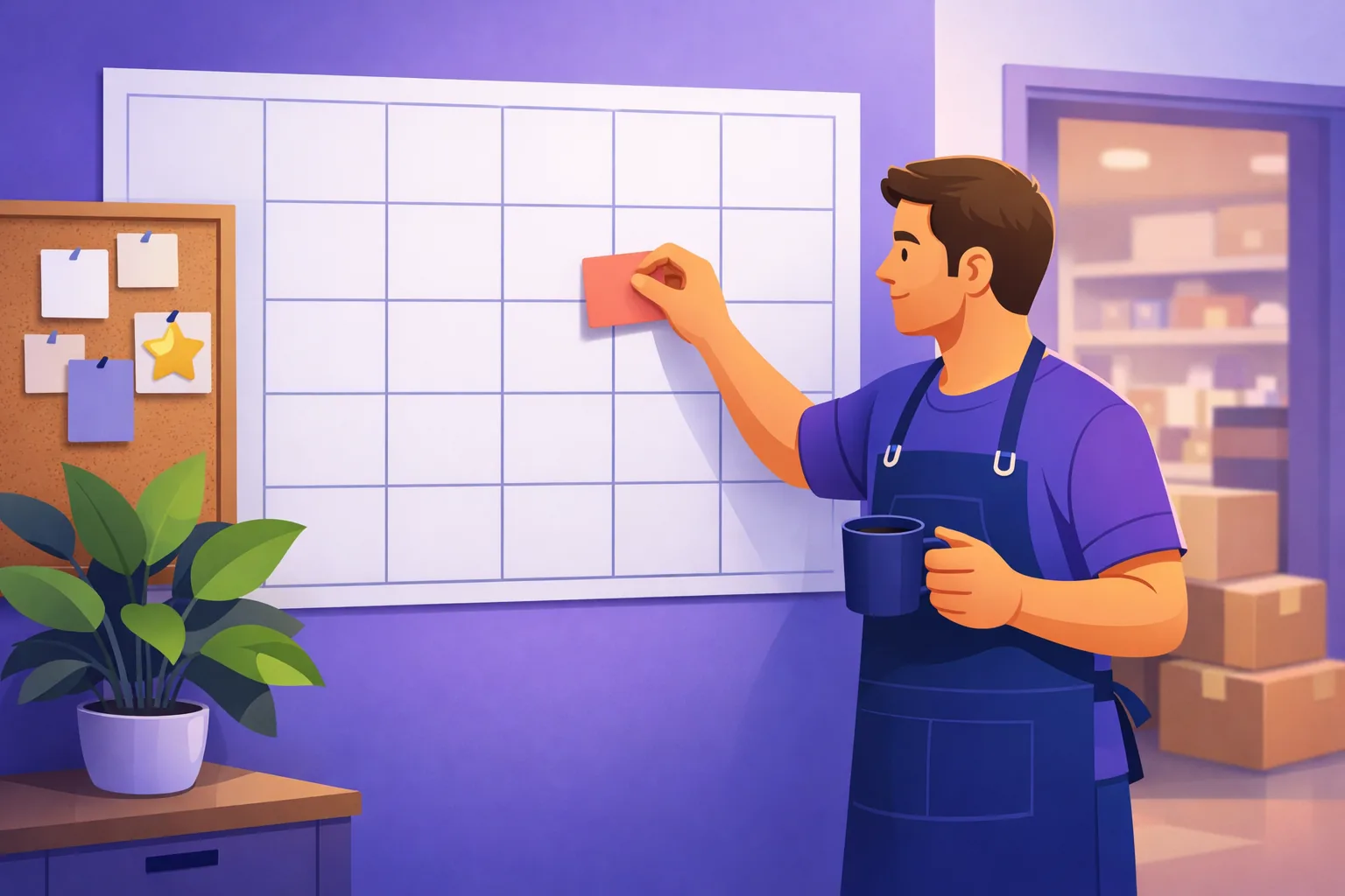 Shop owner at a wall calendar pinning a small card onto a date, morning light through the window