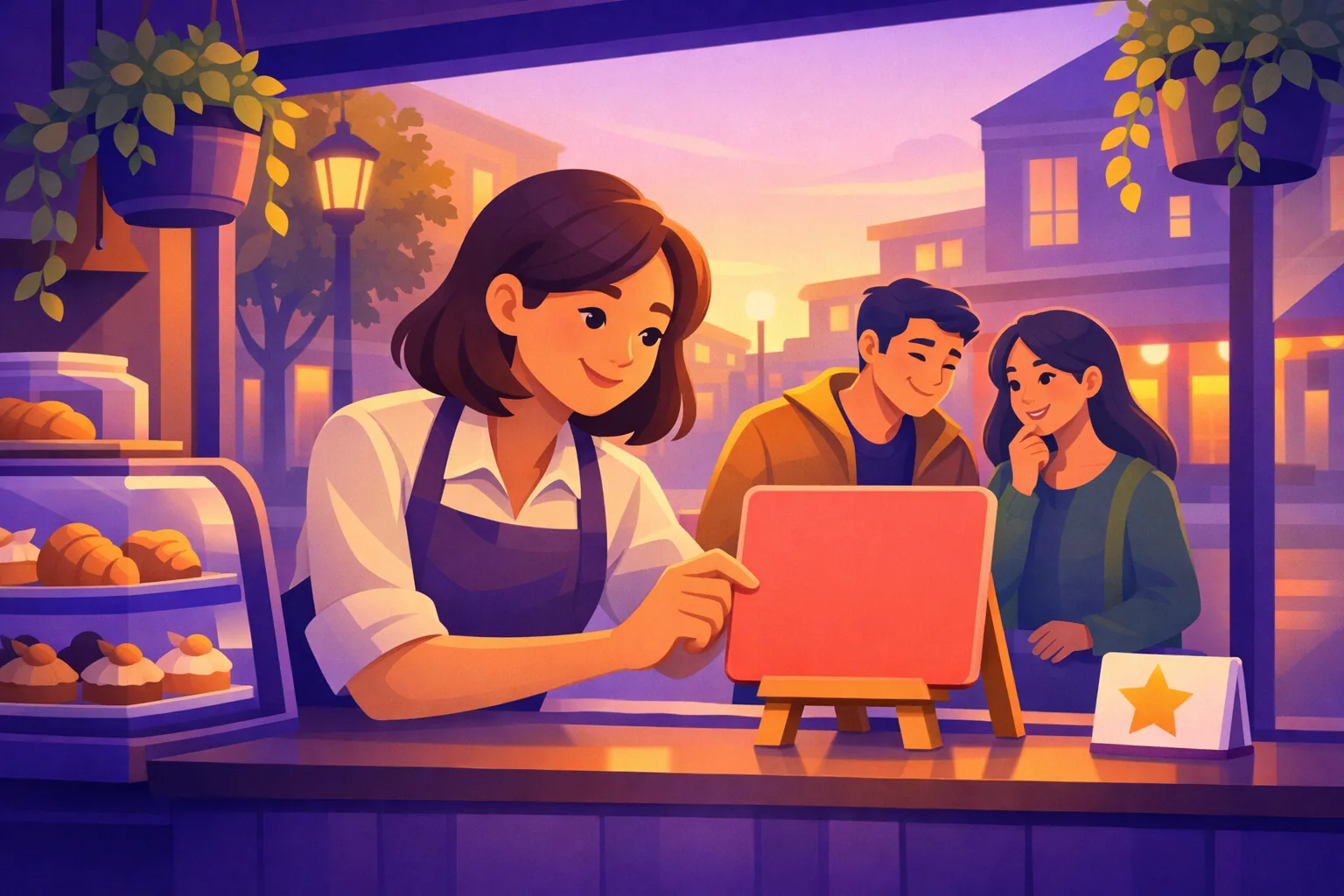 Cafe owner placing a bright offer card in her shop window as customers outside pause to look