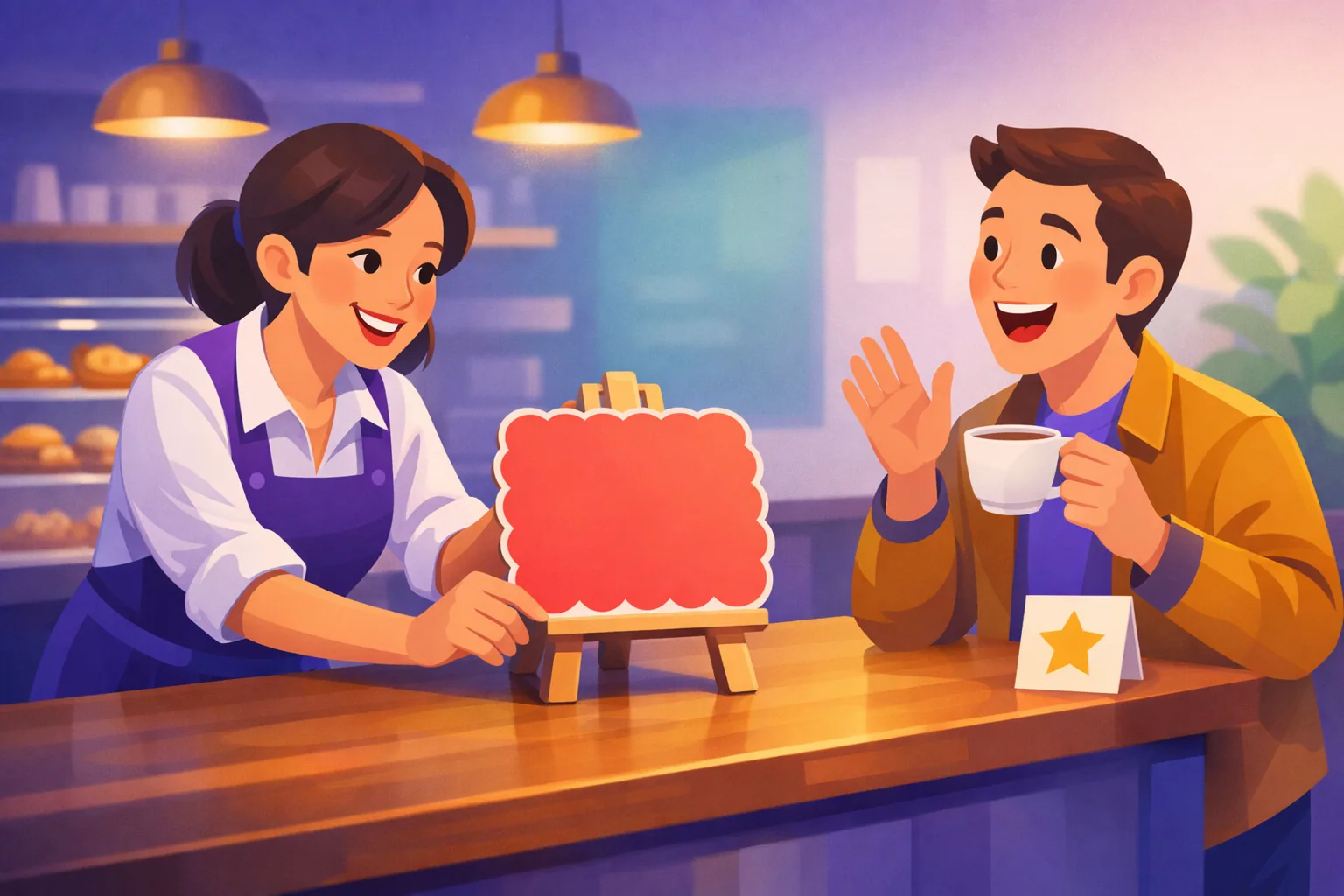 Cafe owner happily setting a special offer card on the counter of her sunlit coffee shop