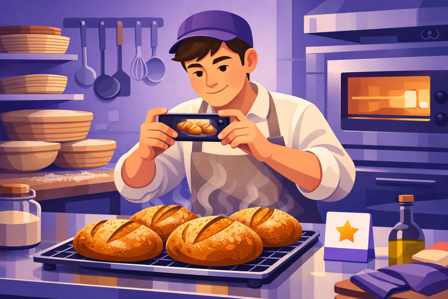 Baker photographing fresh bread in a warm kitchen to share the morning's work