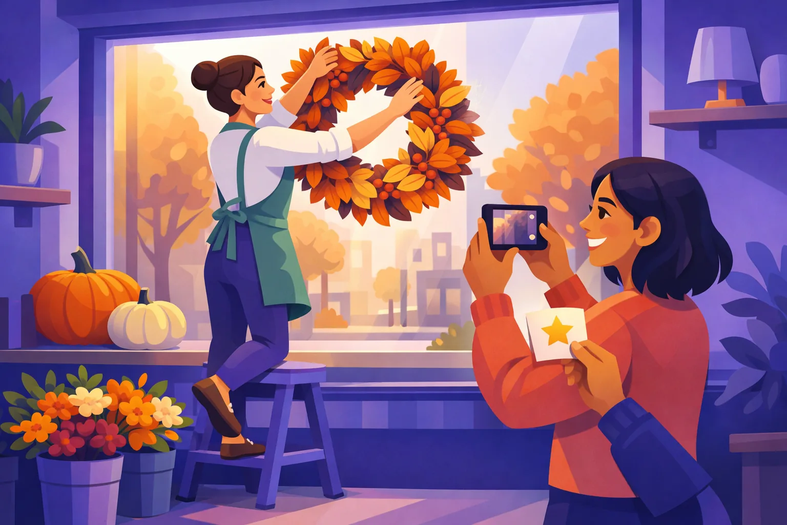 Florist hanging an autumn wreath in her shop window while capturing a photo for her profile