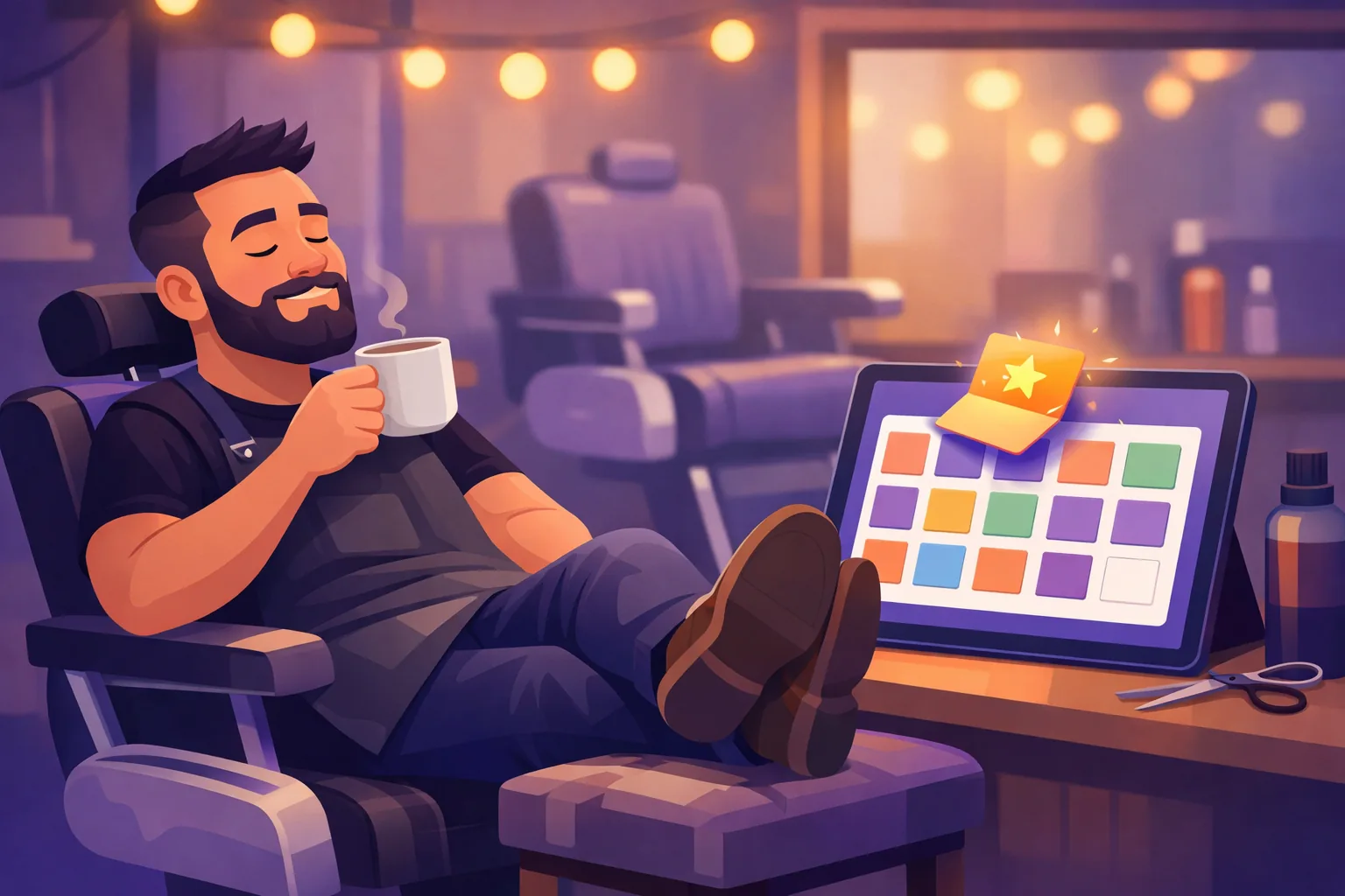 Relaxed shop owner enjoying coffee while a calendar of scheduled posts publishes itself