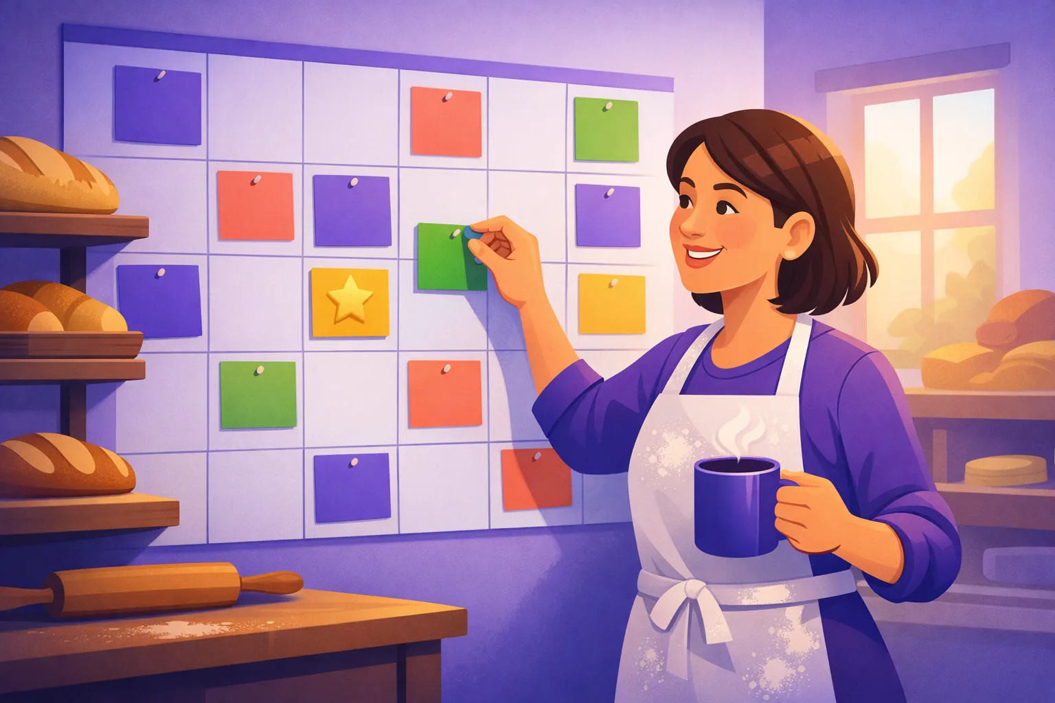 Bakery owner planning a full year of Google Business Profile posts on a wall calendar