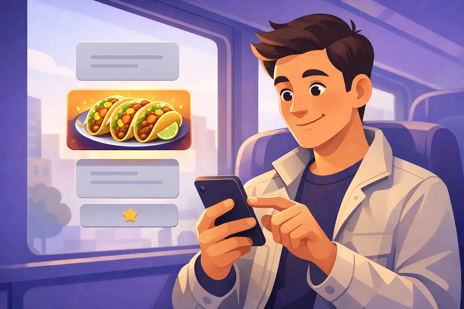 Customer scrolling local search results on his phone, pausing on one vivid post photo