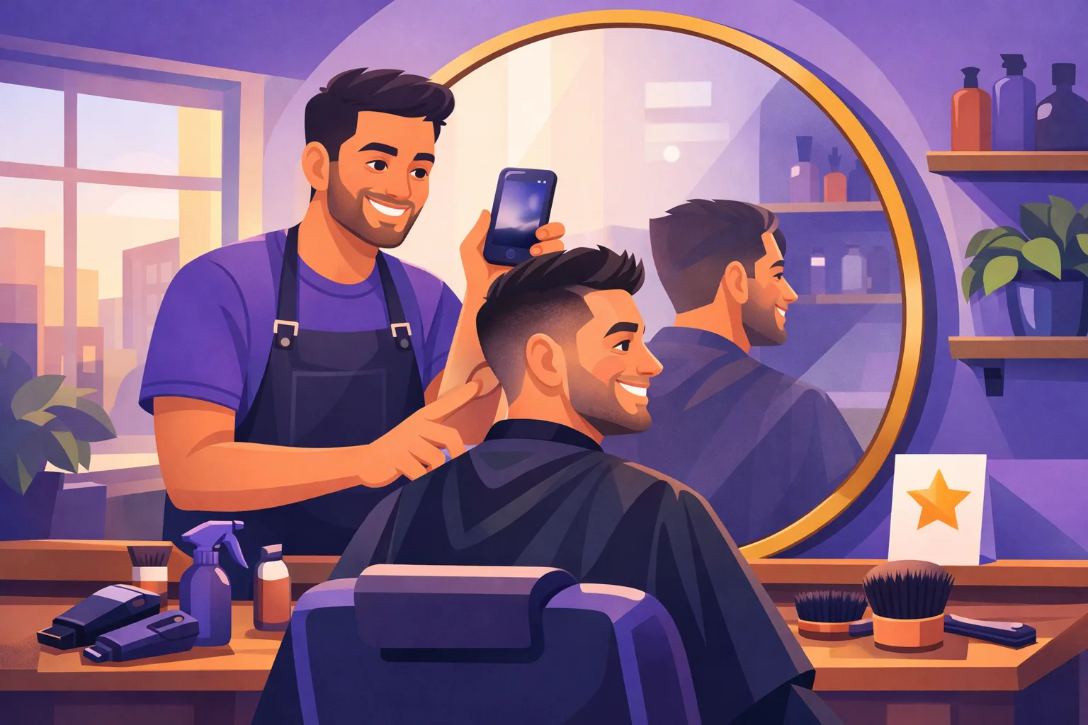 Barber photographing a client's finished haircut in the mirror, both smiling