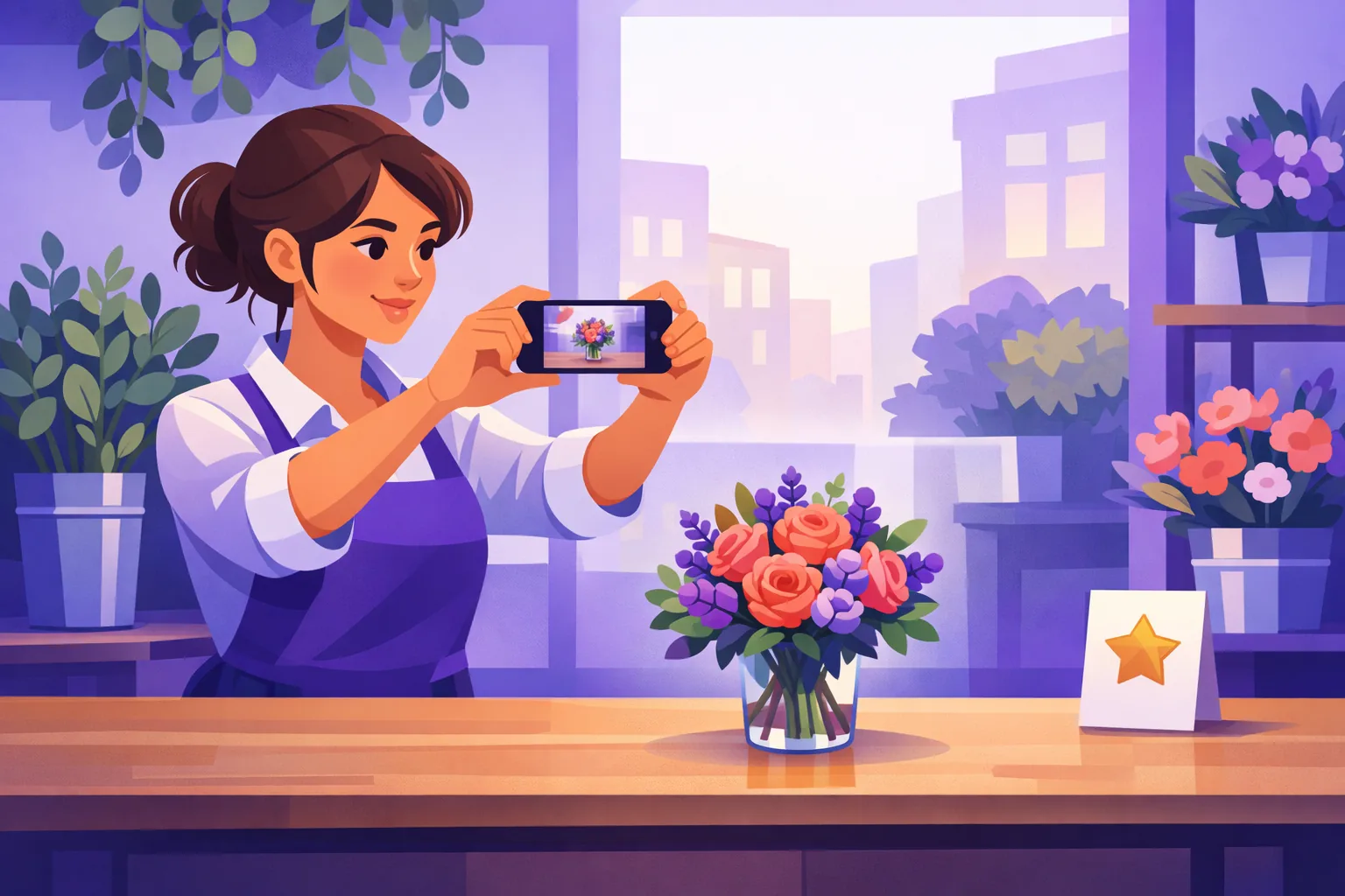Florist framing a bouquet in the center of her phone screen with space around it