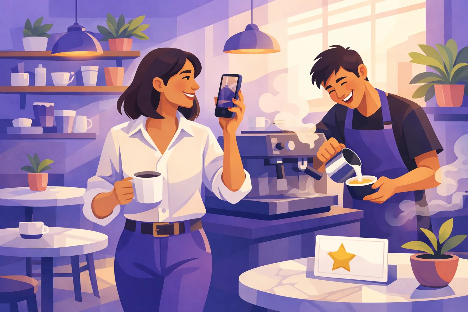 Cafe owner photographing her barista pouring latte art during a quiet morning