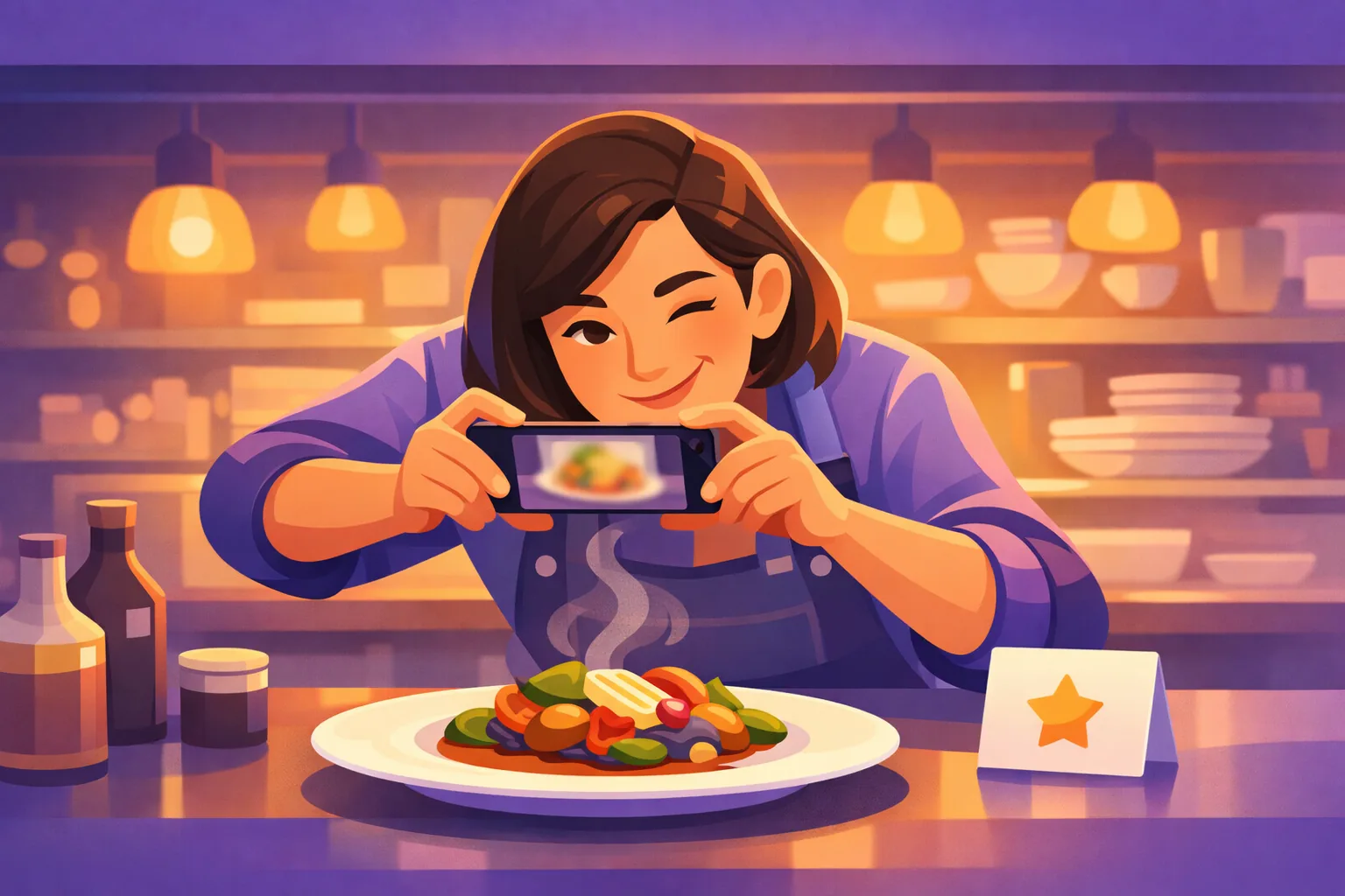 Restaurant owner photographing a fresh dish on her phone for a Google Business Profile post