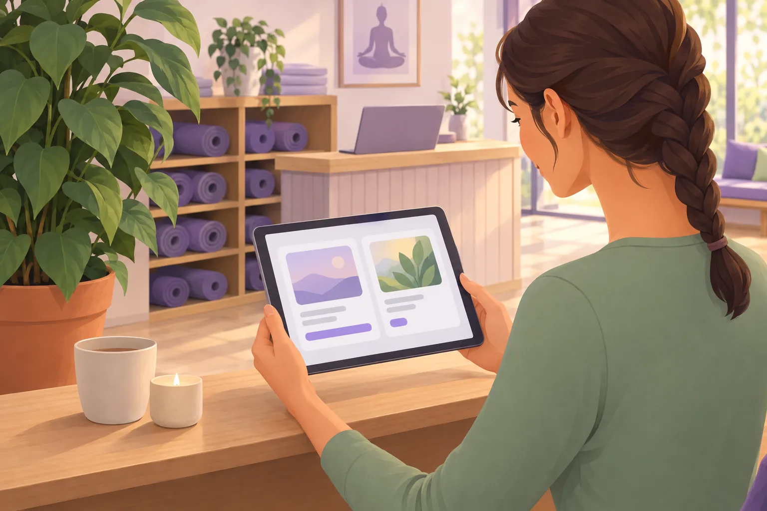 Yoga studio owner at her reception desk comparing two post cards on a tablet, one with a long view bar and one with a short bar