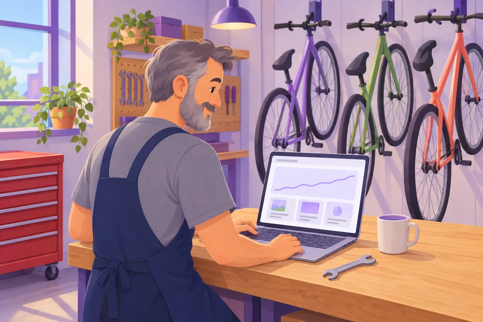 Bike shop owner at his workbench laptop, seen over his shoulder, reading a simple analytics page with a gently rising line
