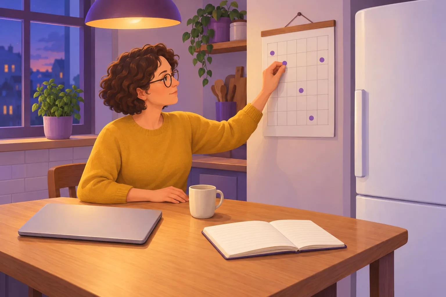 Cafe owner at her kitchen table marking a wall calendar with round stickers, a closed laptop and a plain notebook beside her