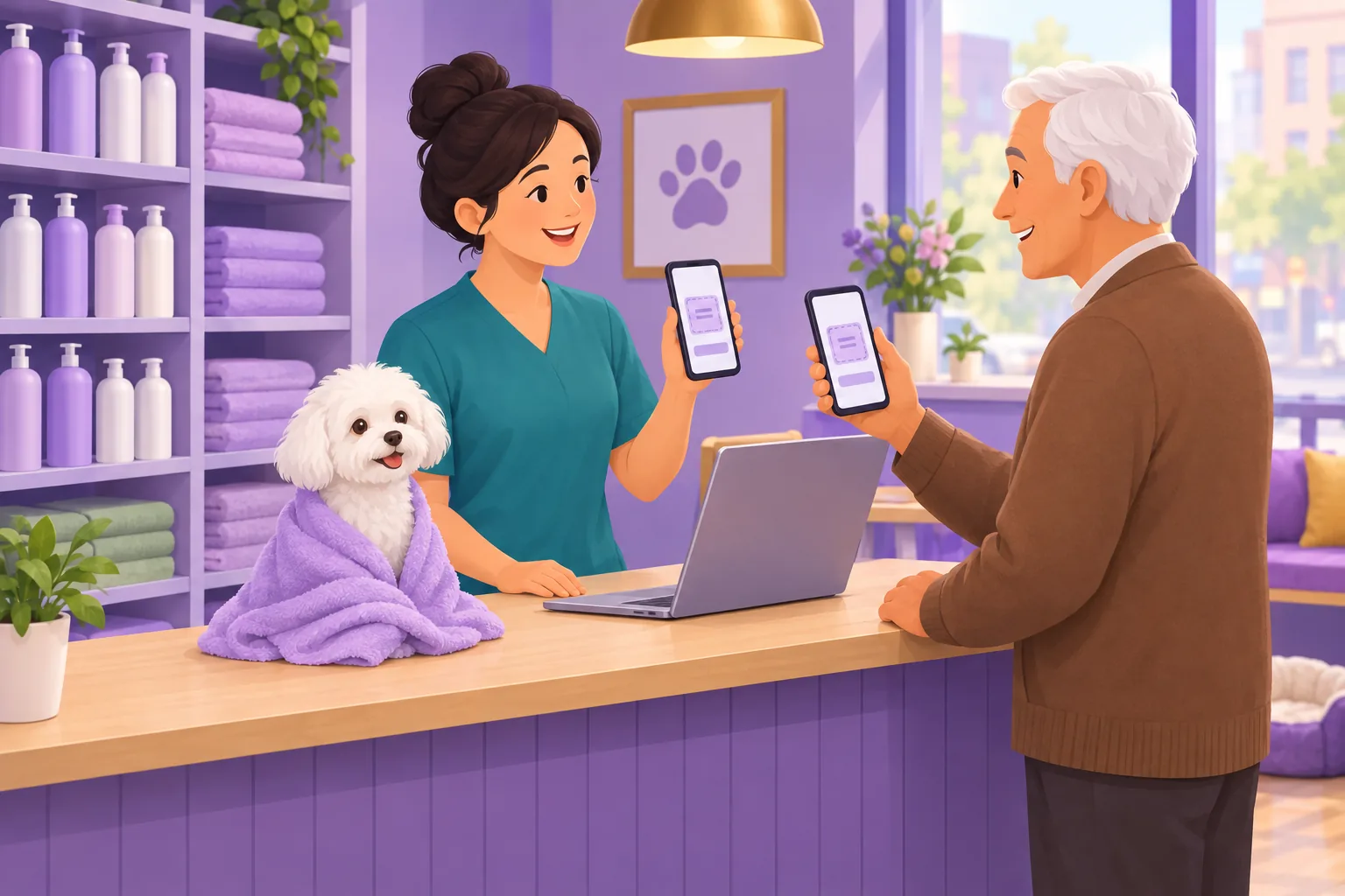 Pet groomer behind her counter holding up her phone to show a coupon-shaped card while a customer at the counter holds up a matching one