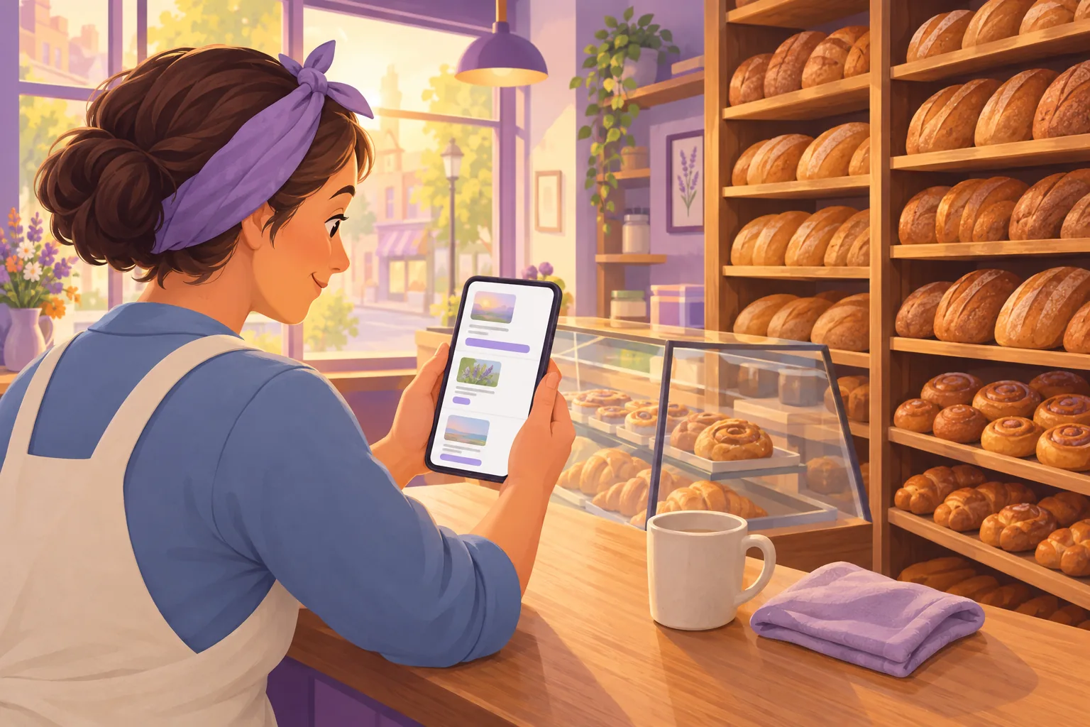 Bakery owner at her counter at dawn, checking a column of post cards on her phone, each with a small view bar beneath it