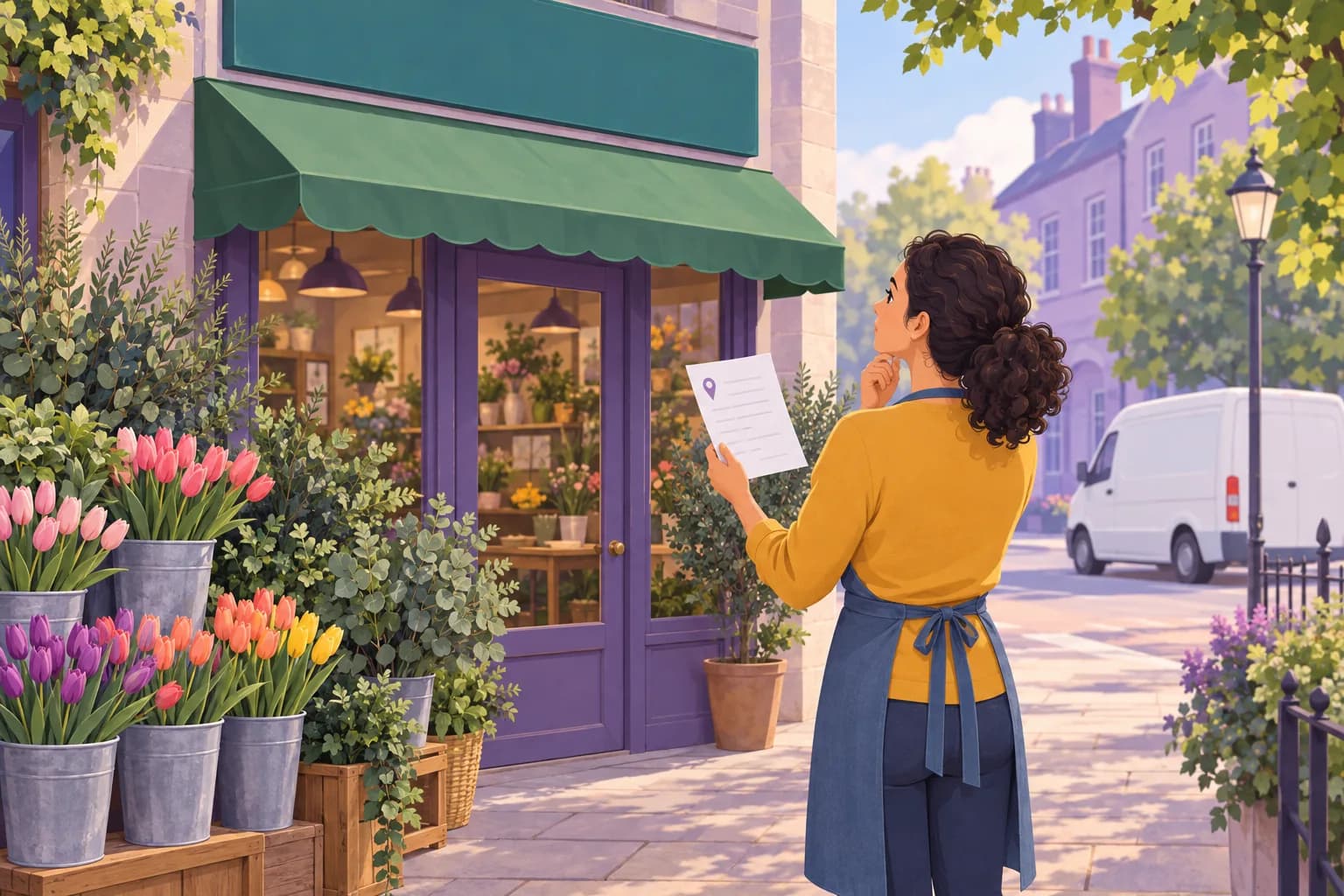 Florist on the pavement comparing a printed sheet with a map pin to the blank signboard above her shop