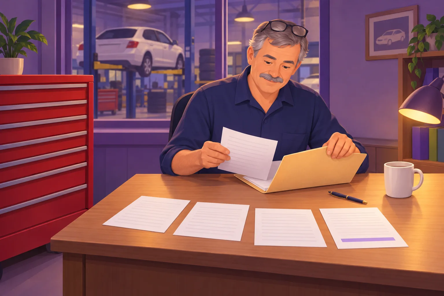 Auto shop owner at his back office desk sorting four paper documents into a folder, one with a lavender bar