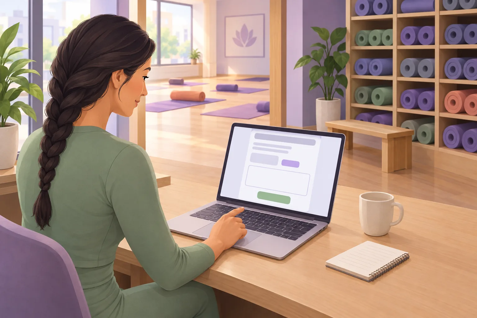 Yoga studio owner at reception about to press the green button under an appeal form on her laptop