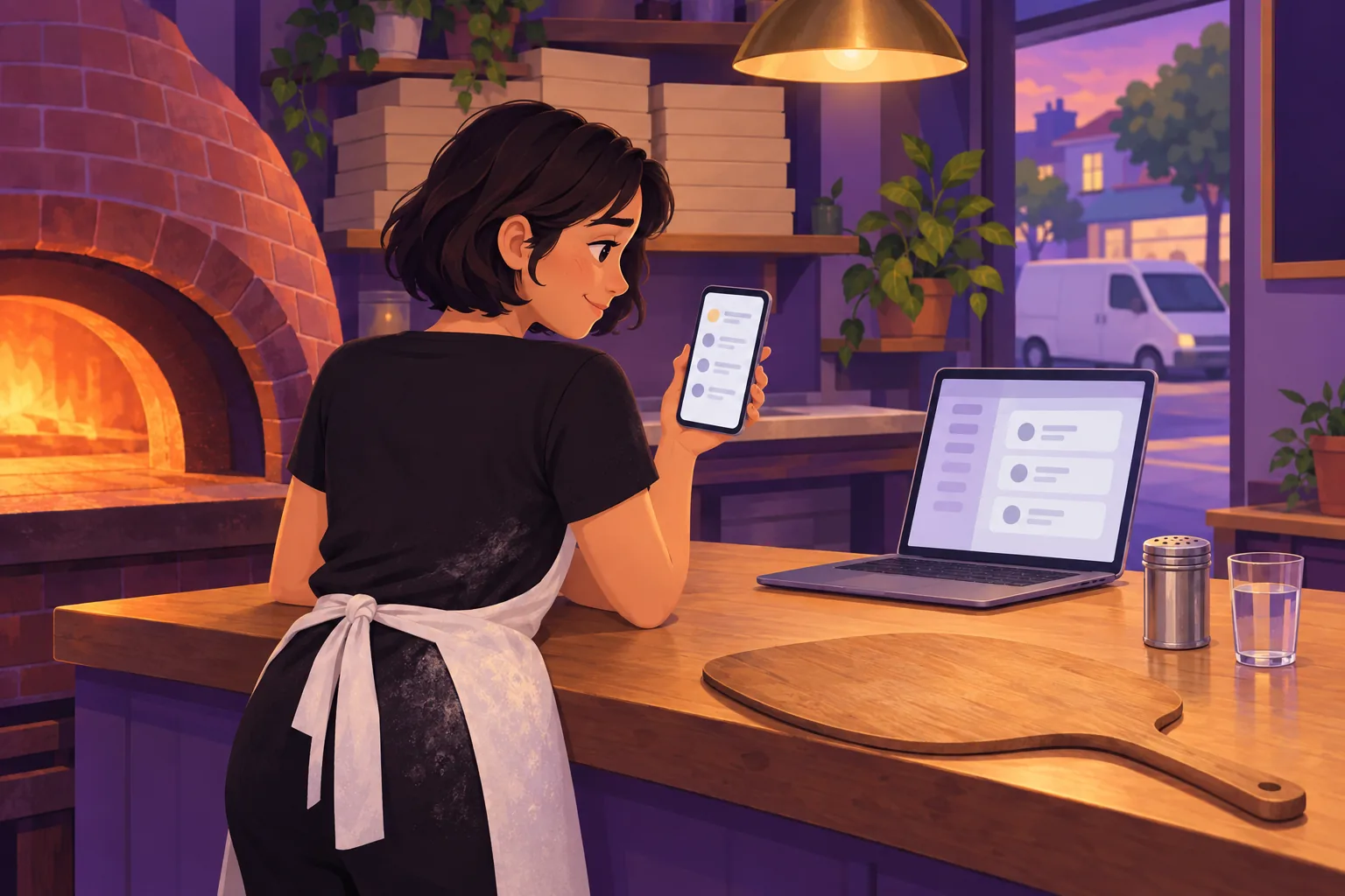 Pizzeria owner at closing time checking a status list with one amber dot beside the top row on her phone