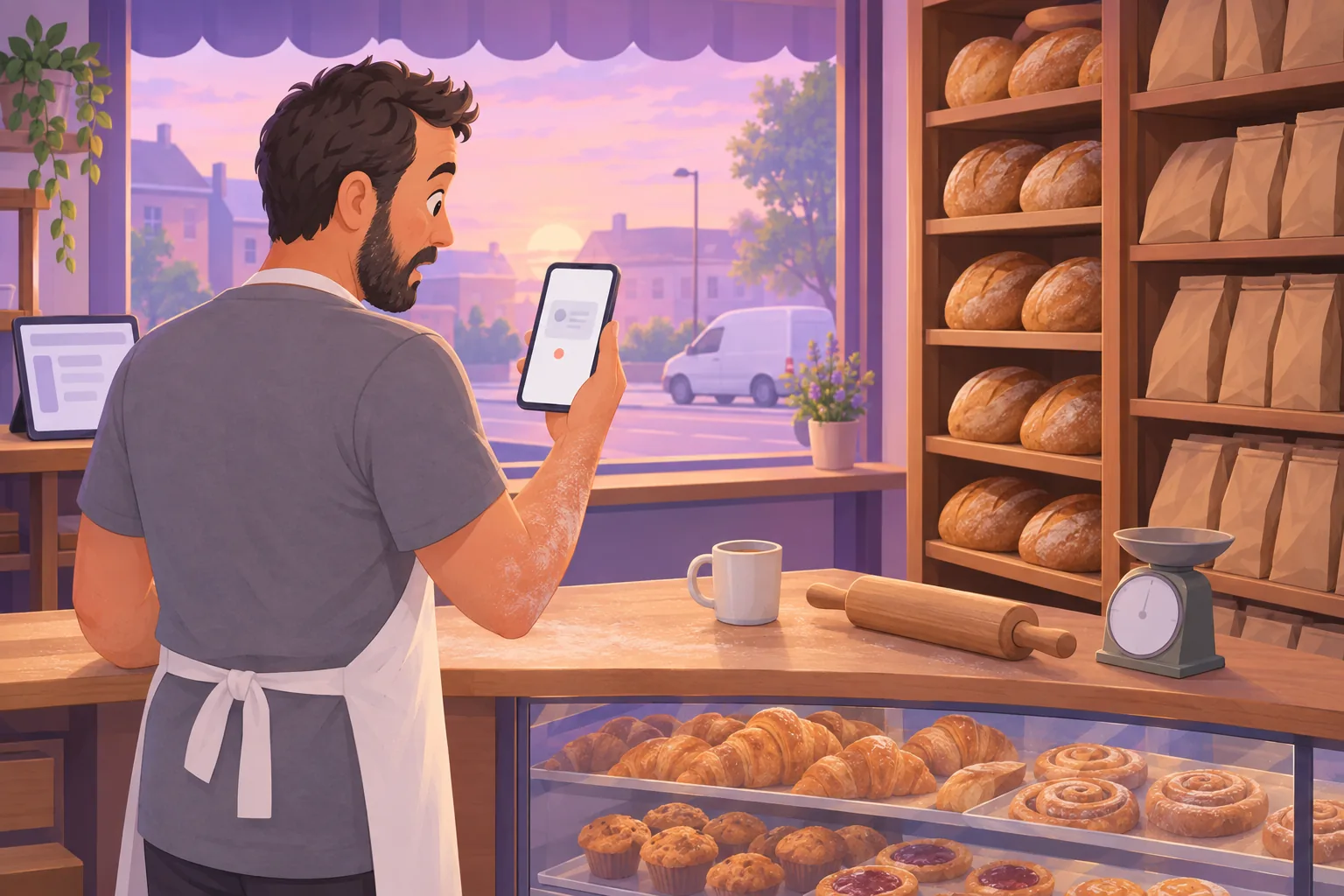 Baker at his counter at dawn staring at a faded listing card with a coral dot on his phone