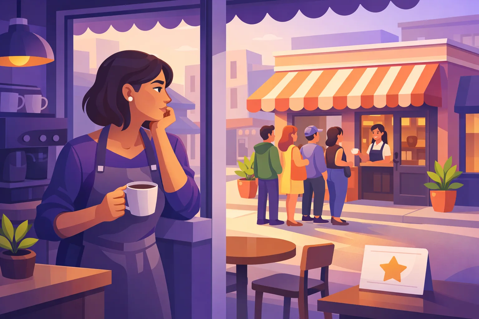 Cafe owner looking through her window at a busy new competitor across the street