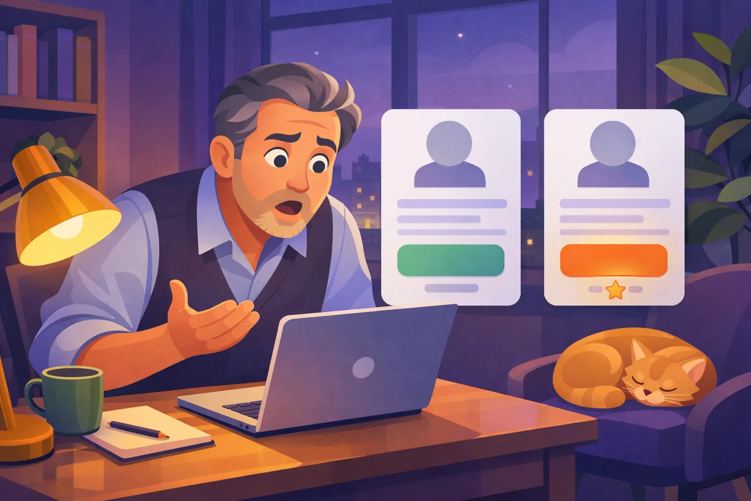 Business owner comparing two versions of his business profile at his desk late in the evening