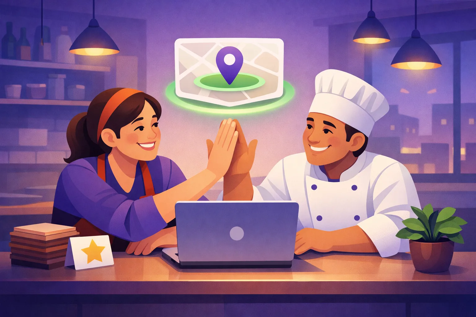 Restaurant owner and her chef celebrating a small win at the counter after an evening of profile work