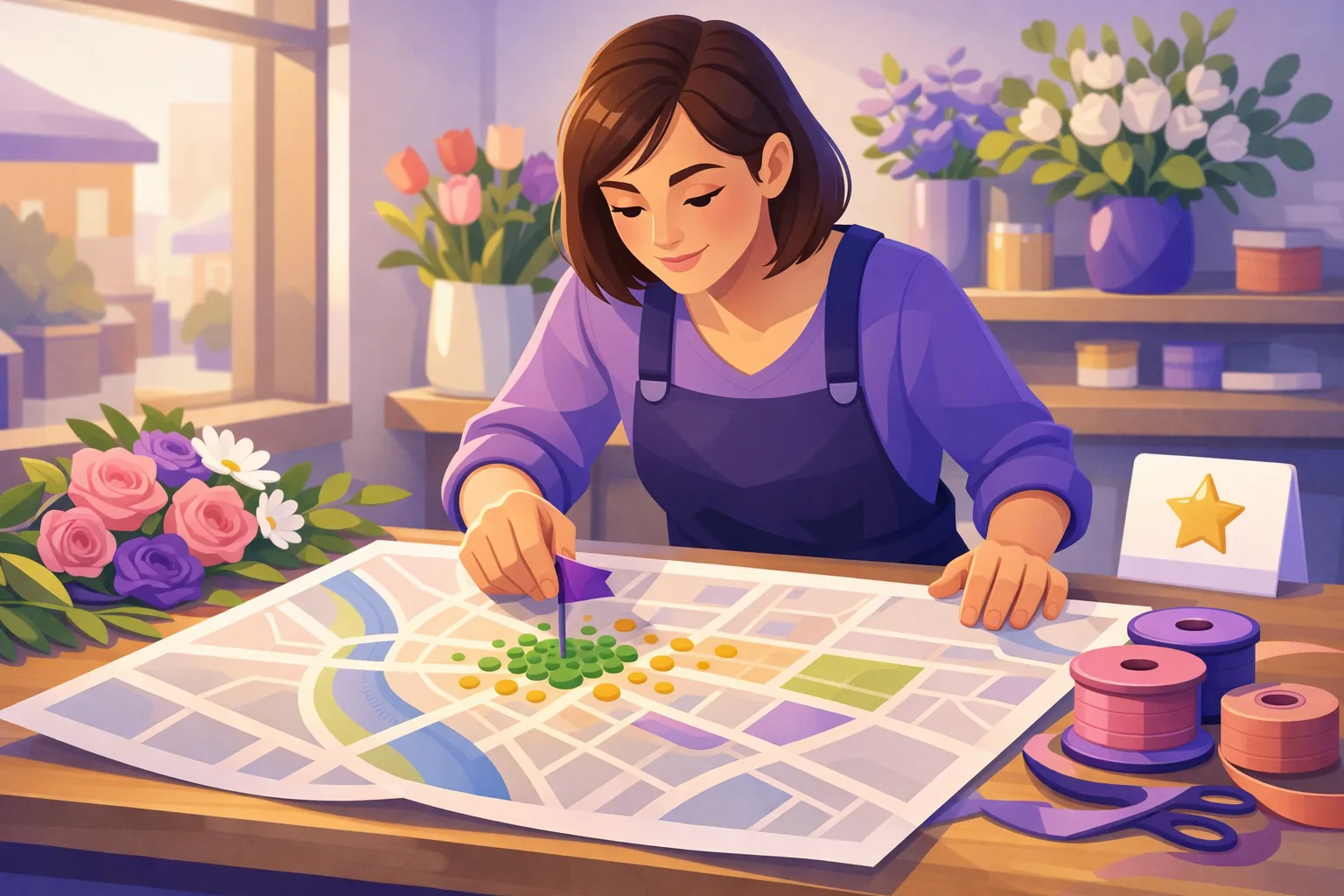 Business owner planning her next move over a neighborhood map in morning light