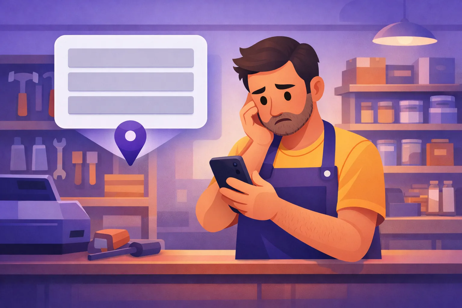 Worried shop owner checking his phone as his business slips out of the top Google Maps results