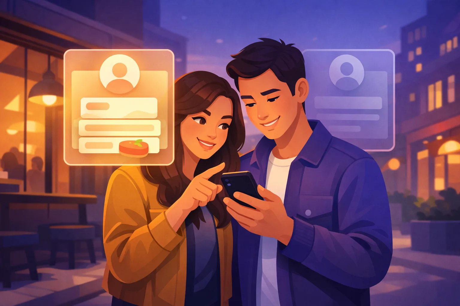 Hungry couple on an evening sidewalk choosing between two restaurant profiles on a phone