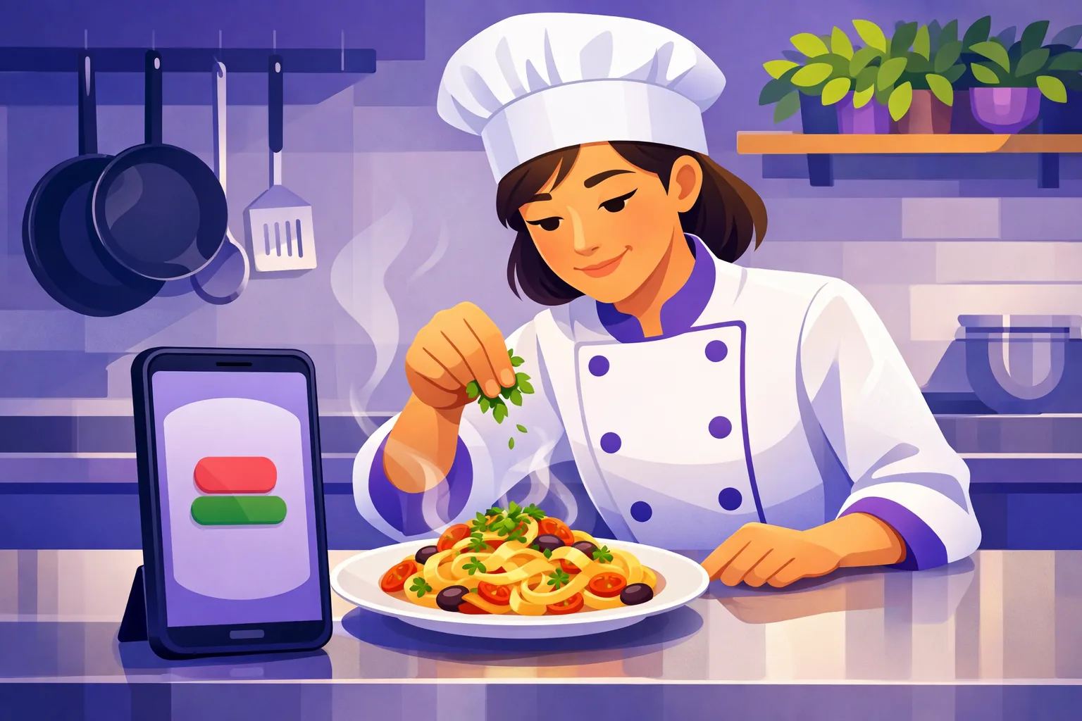 Chef plating a colorful pasta dish while her phone frames the shot for a Google post