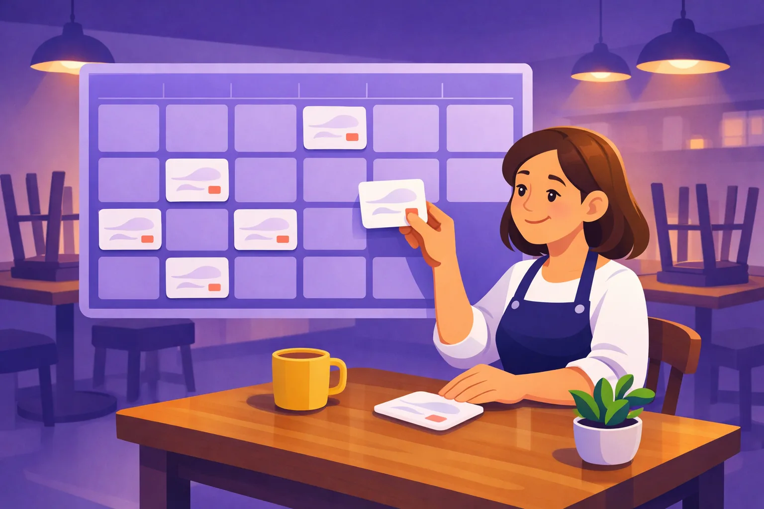 Restaurant owner reviewing a month of planned Google posts laid out across a calendar at a wooden table