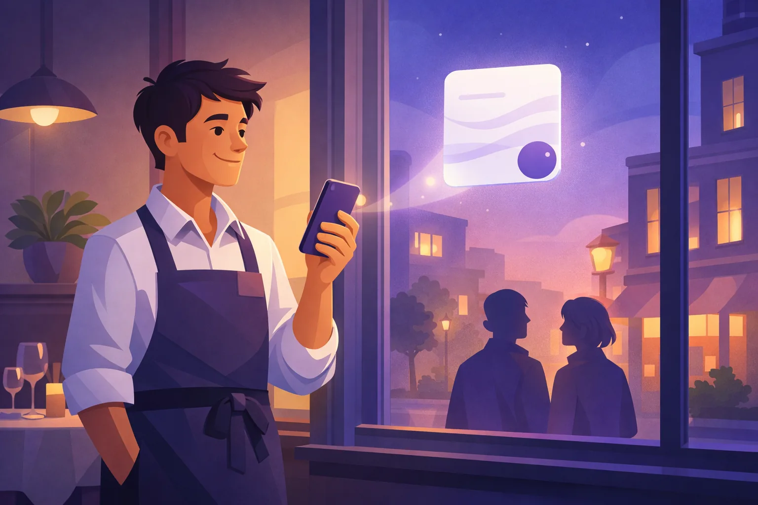 Waiter in a quiet dining room at dusk publishing a glowing offer post from his phone